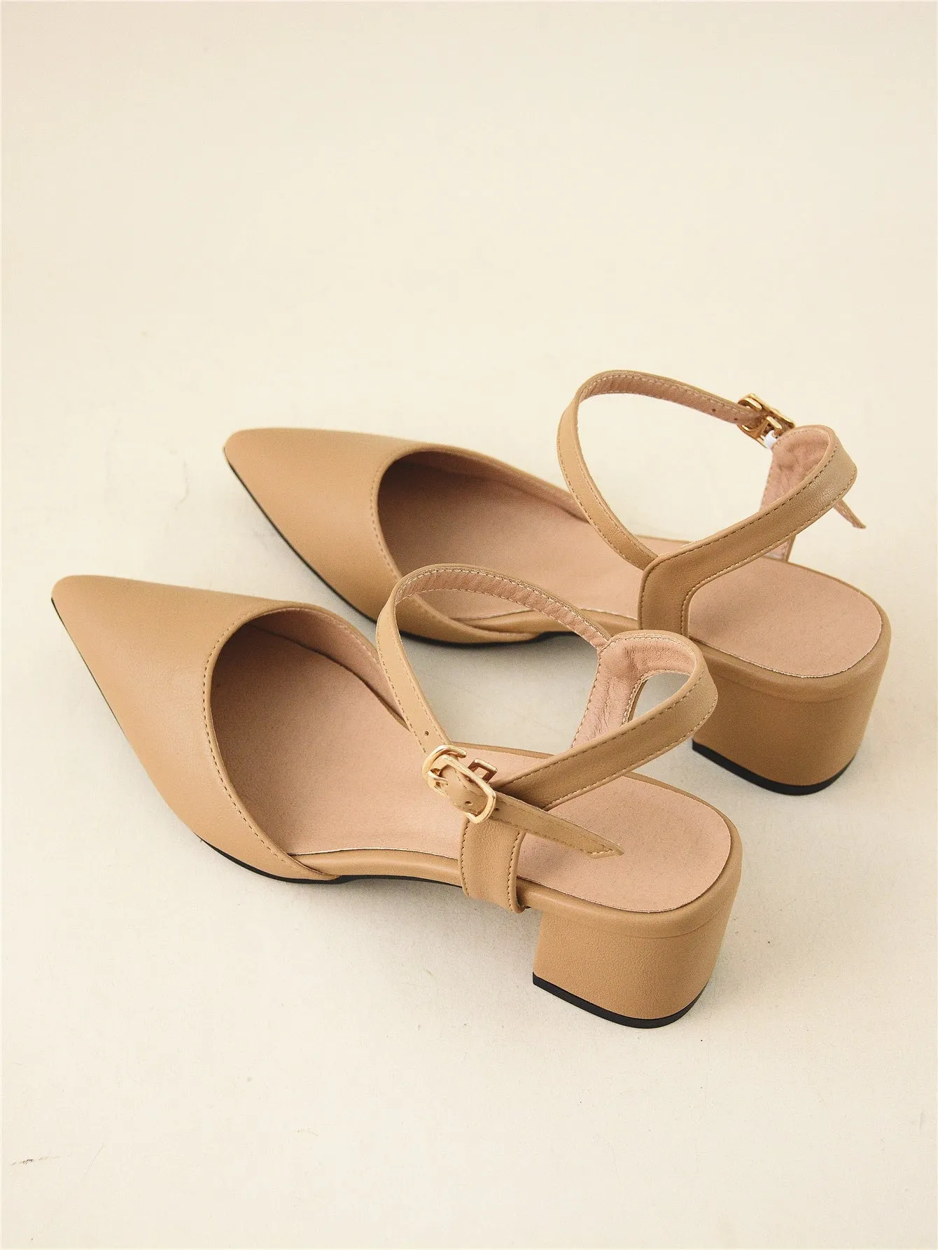 Minimalist Point Toe Ankle Strap Chunky Pumps
