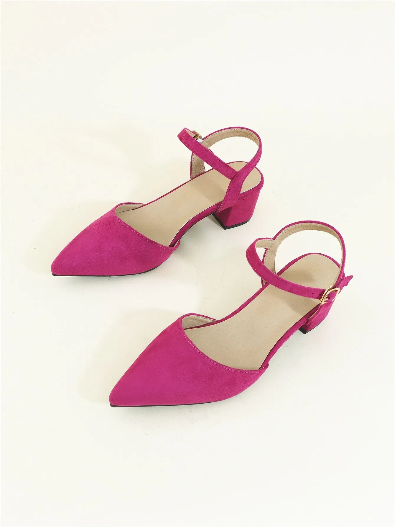 Minimalist Point Toe Ankle Strap Chunky Pumps