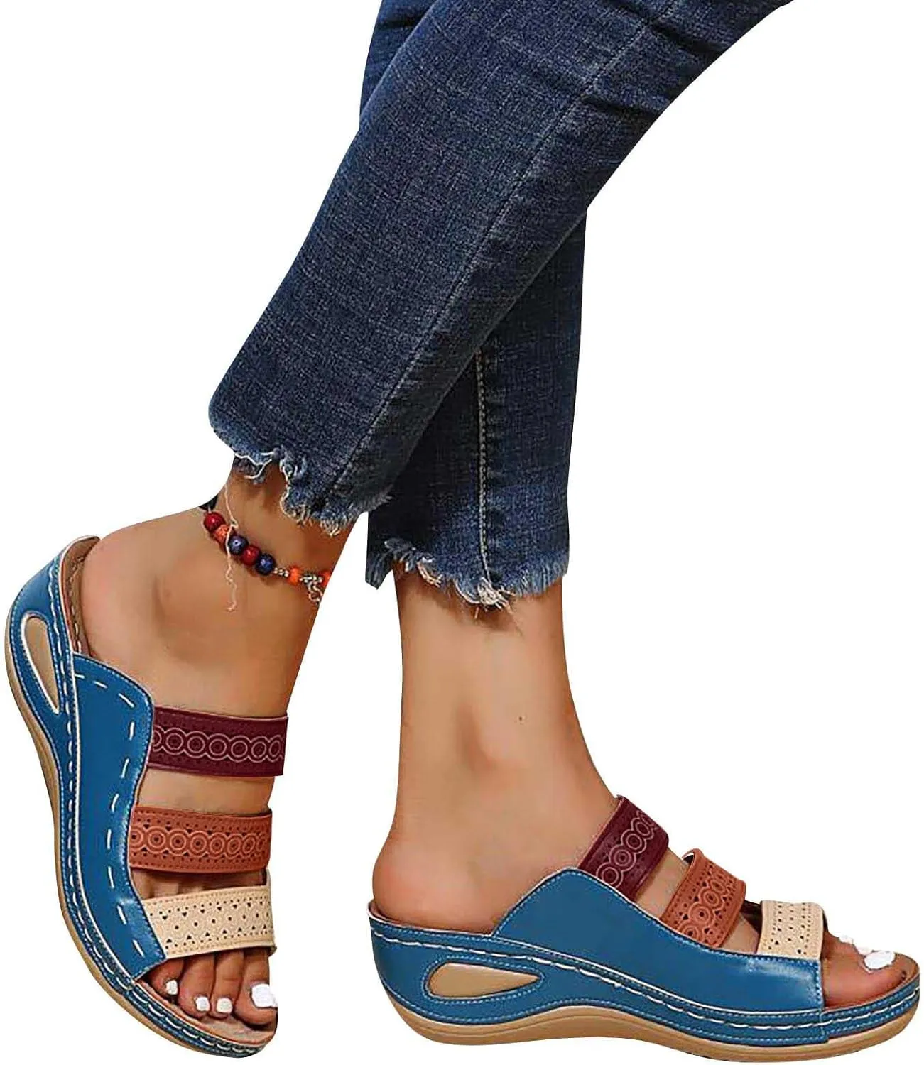 oiangi Wedge Sandals for Women with Arch Support Summer Casual Slip On Fish Mouth Open Toe Platform Slippers Flowers Hollow Quilted Slides Beach Shoes Flip Flops