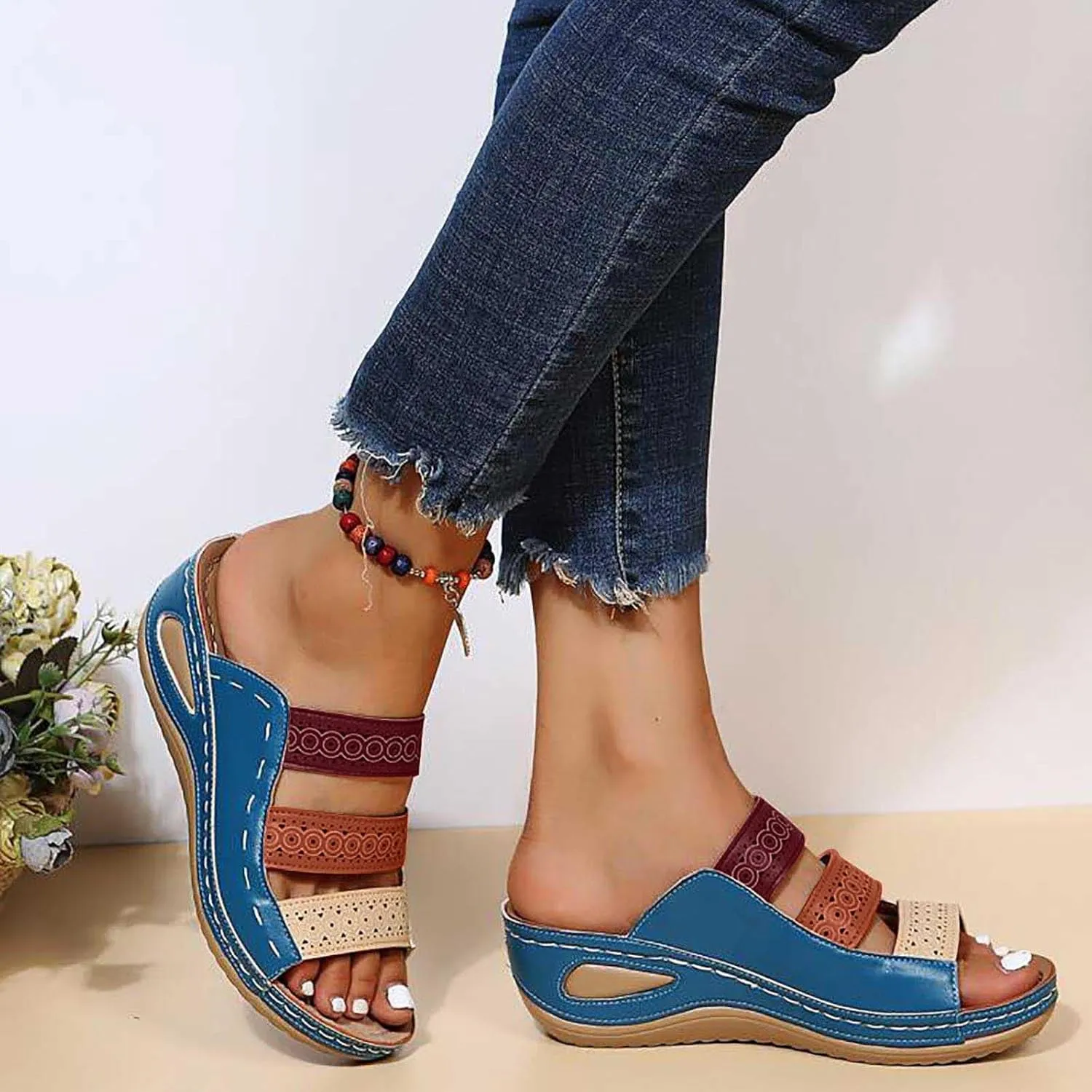 oiangi Wedge Sandals for Women with Arch Support Summer Casual Slip On Fish Mouth Open Toe Platform Slippers Flowers Hollow Quilted Slides Beach Shoes Flip Flops