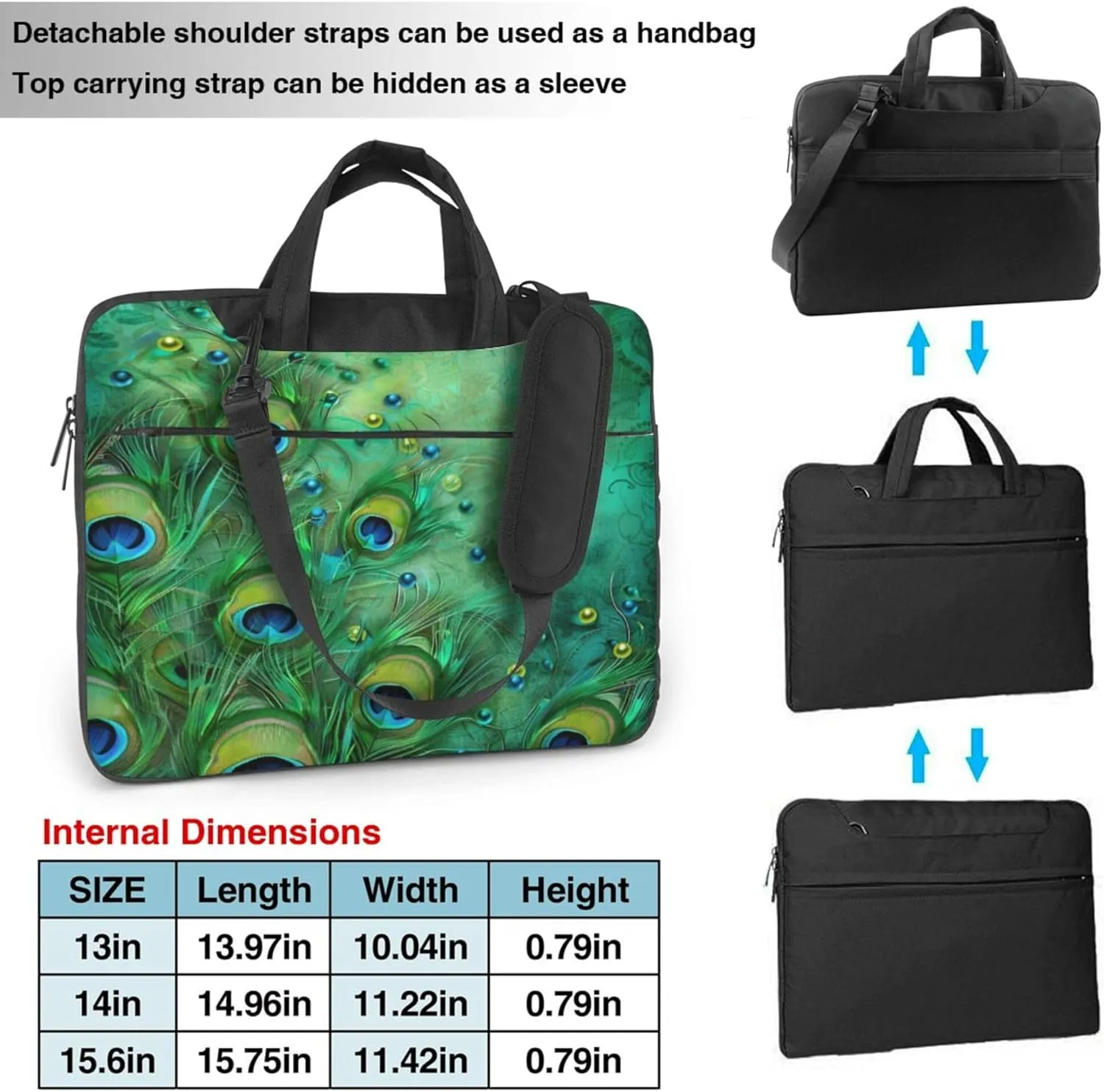 Peacock Feathers Laptop Shoulder Bag for Women, Green Peacock Feather Laptop Sleeve Case Durable Computer Bag