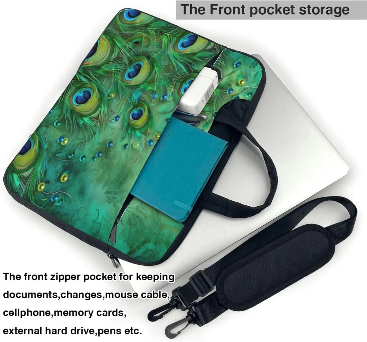 Peacock Feathers Laptop Shoulder Bag for Women, Green Peacock Feather Laptop Sleeve Case Durable Computer Bag