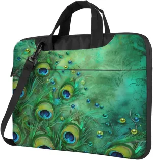 Peacock Feathers Laptop Shoulder Bag for Women, Green Peacock Feather Laptop Sleeve Case Durable Computer Bag