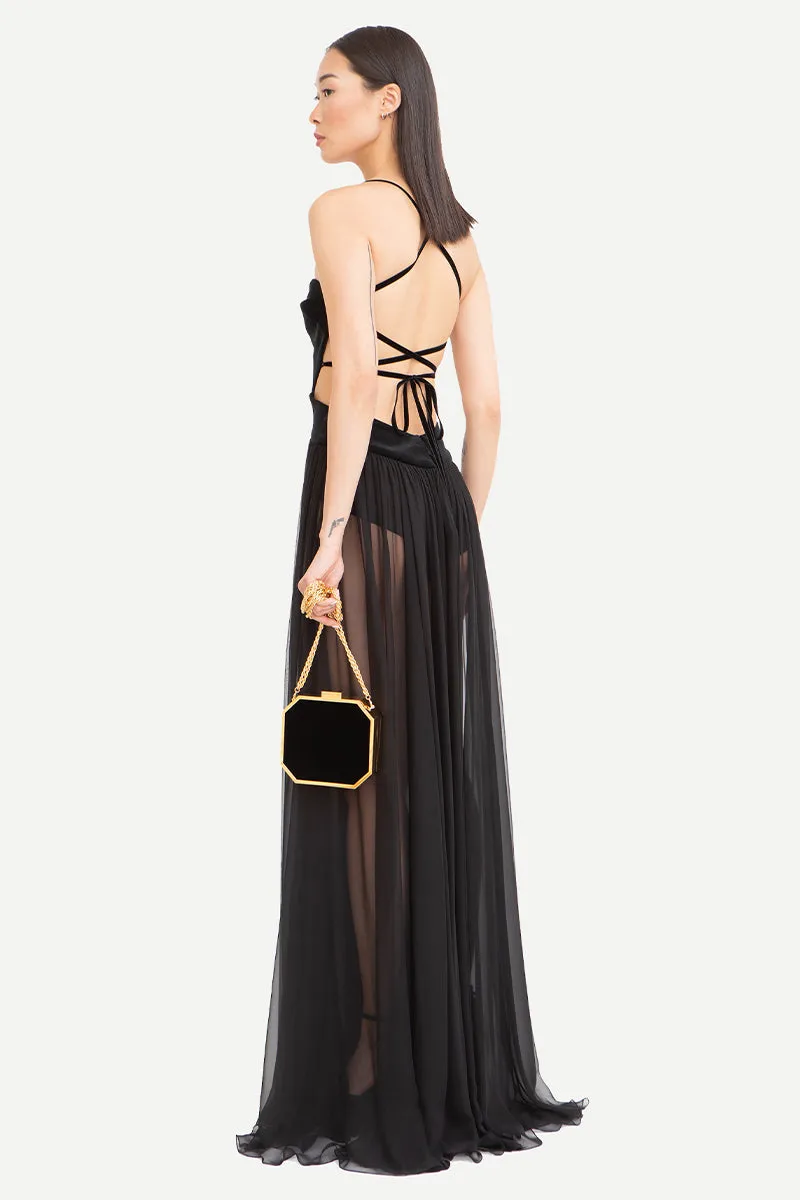 Philomena Sheer Black Trendy Backless Maxi Dress