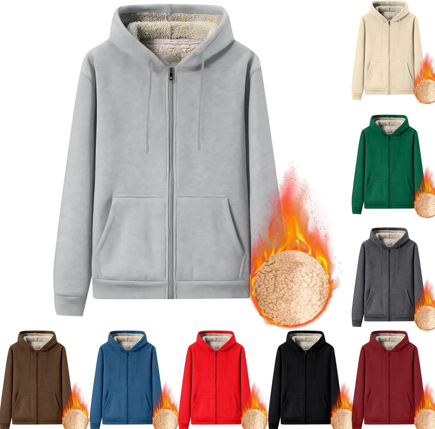 Plus Size Sherpa Hoodie Mens Baggy Comfy Full Zip Fleece Jacket Drawstring Winter Pockets Workout Jackets Sweatshirts