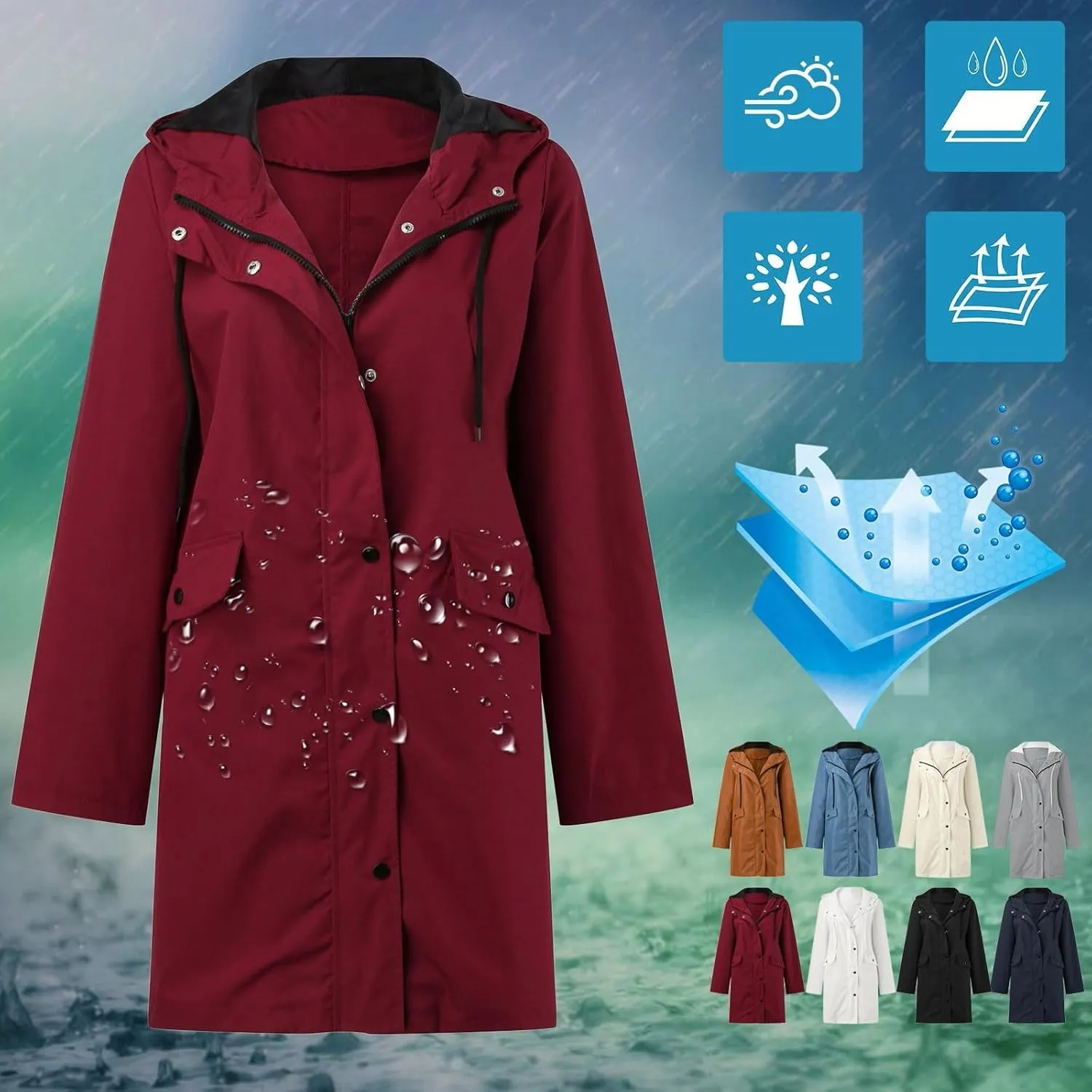 Rain Coats for Women Waterproof Rain Jacket Lightweight Windbreaker Outdoor Hooded Trench Coat Fall Jackets for Women