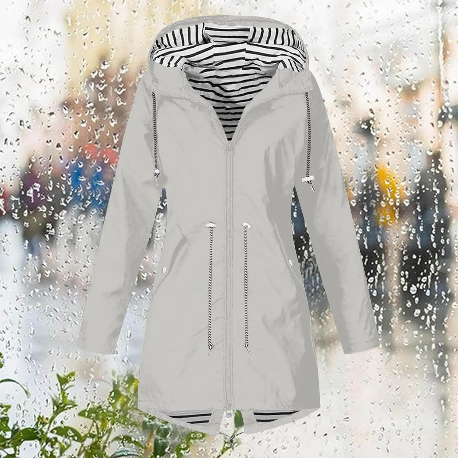 Rain Jacket Women Lightweight Waterproof Rain Coats Casual Hooded Drawstring Windbreaker Raincoats with Pockets