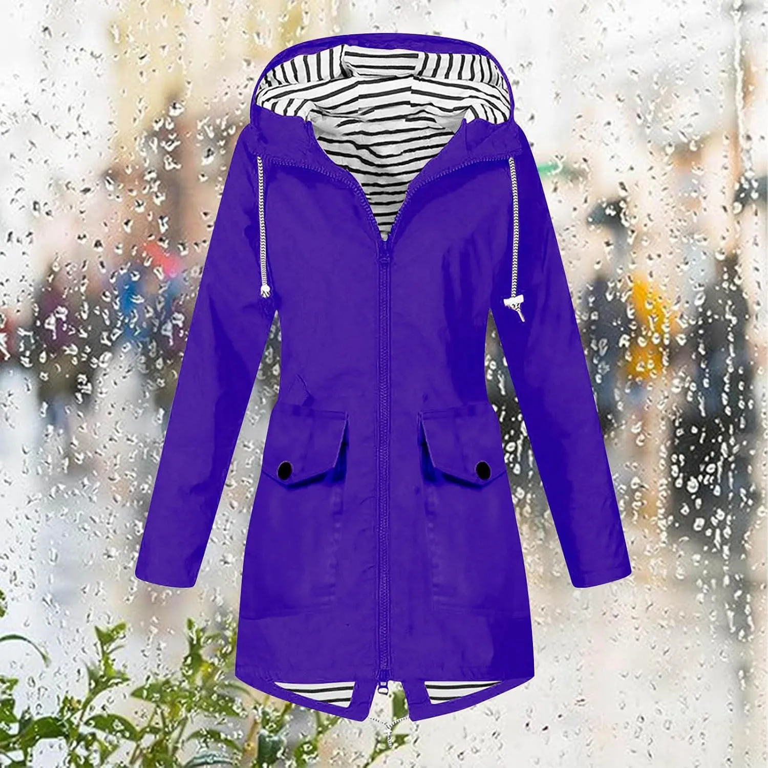 Rain Jacket Women Waterproof Lightweight Outdoor Hiking Windbreaker Hooded Raincoats Long Sleeve Striped Lined Jacket