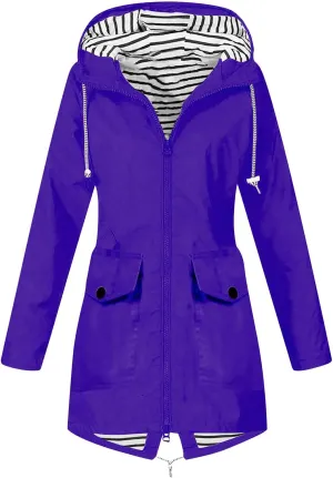 Rain Jacket Women Waterproof Lightweight Outdoor Hiking Windbreaker Hooded Raincoats Long Sleeve Striped Lined Jacket