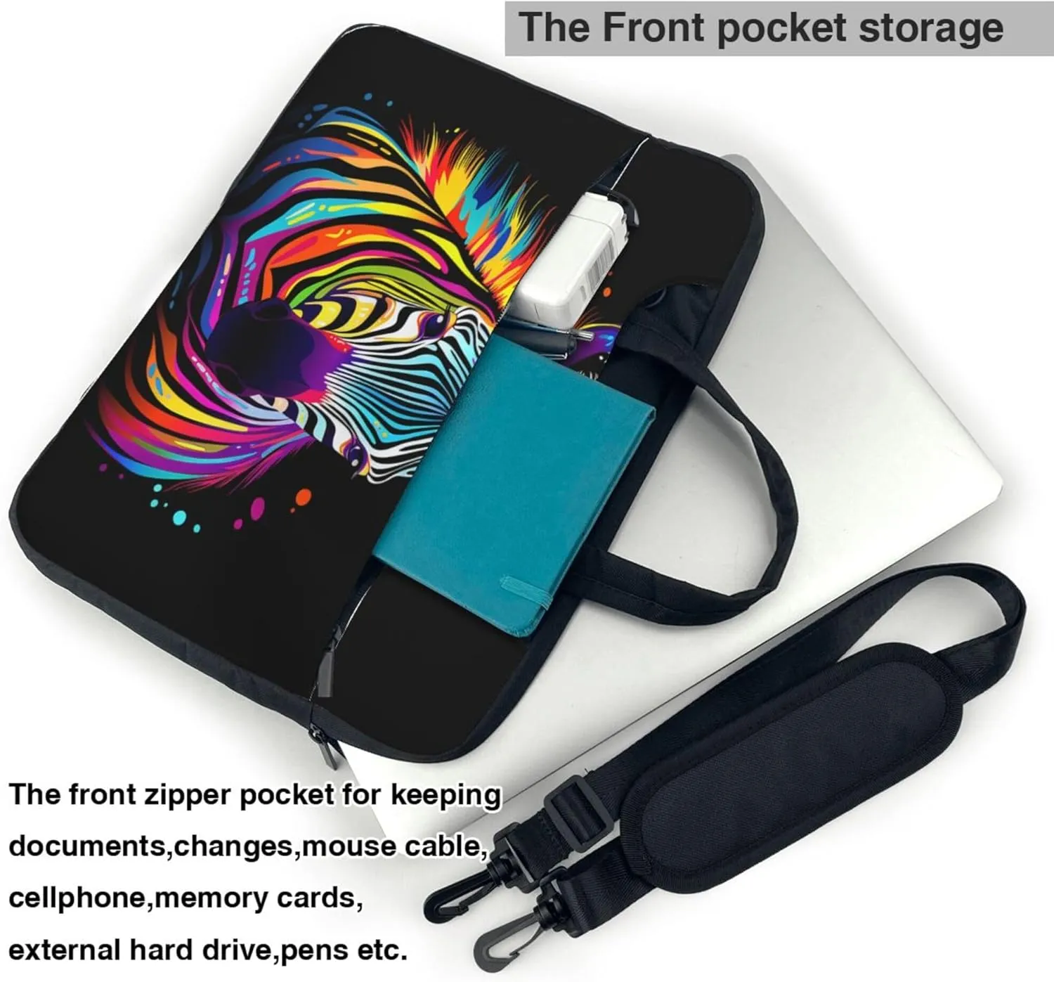 Rainbow Zebra Laptop Shoulder Bag for Women, Colorful Animal Print Laptop Sleeve Case Durable Computer Bag