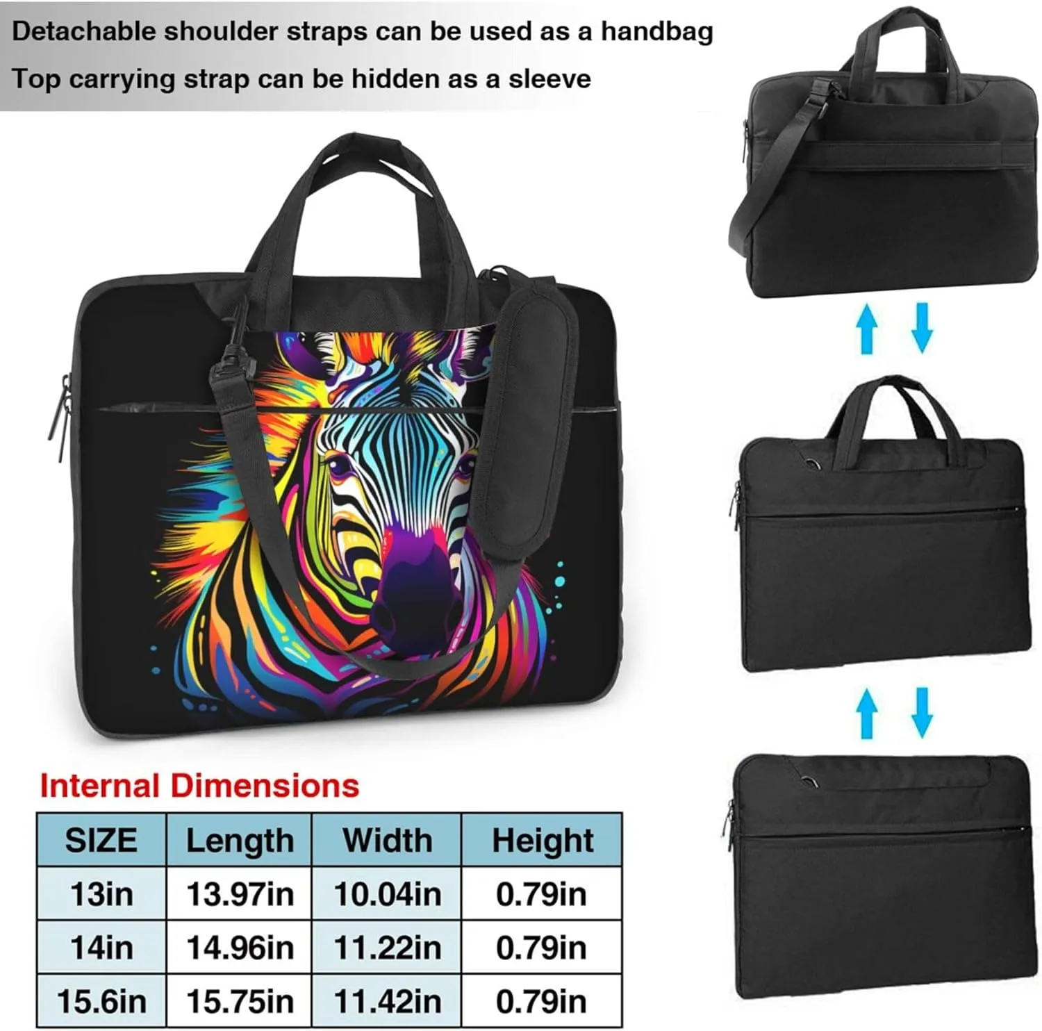 Rainbow Zebra Laptop Shoulder Bag for Women, Colorful Animal Print Laptop Sleeve Case Durable Computer Bag