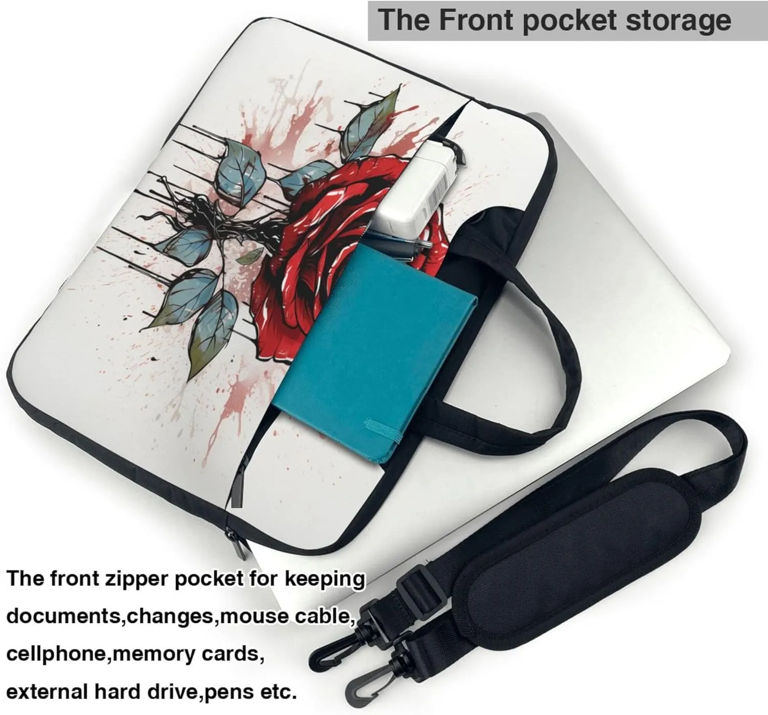 Red Rose Laptop Shoulder Bag for Women, Spring Flower Pattern Laptop Sleeve Case Durable Computer Bag