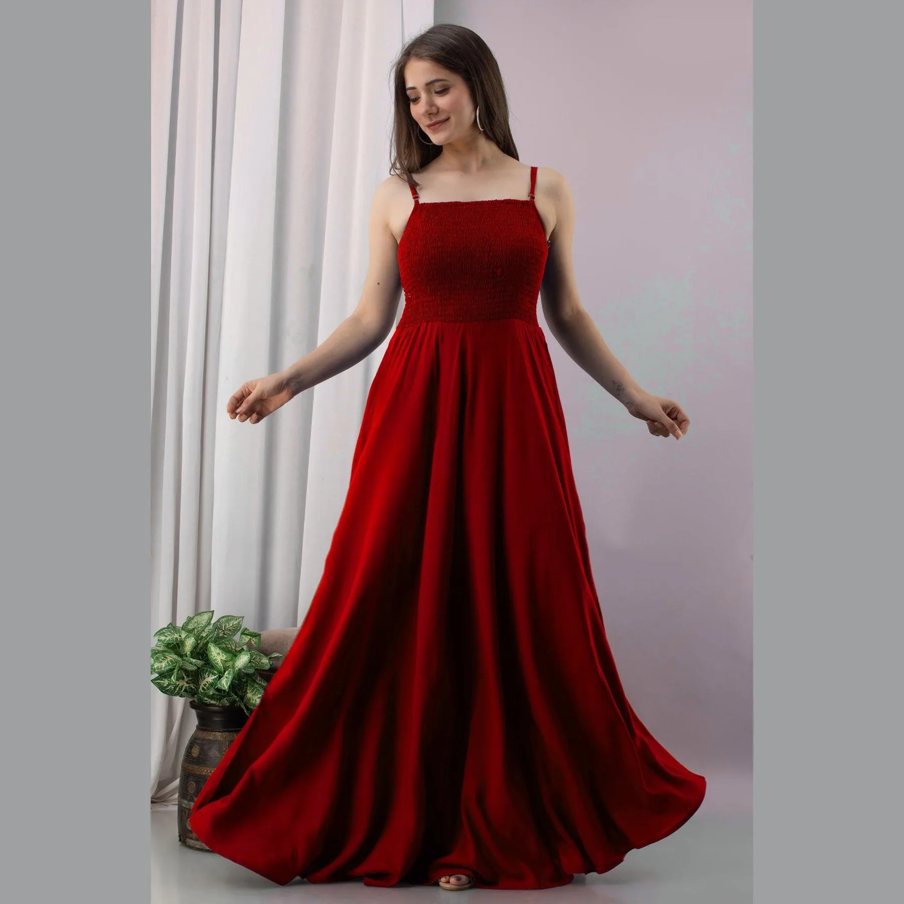 Red Shirred Gown Dress
