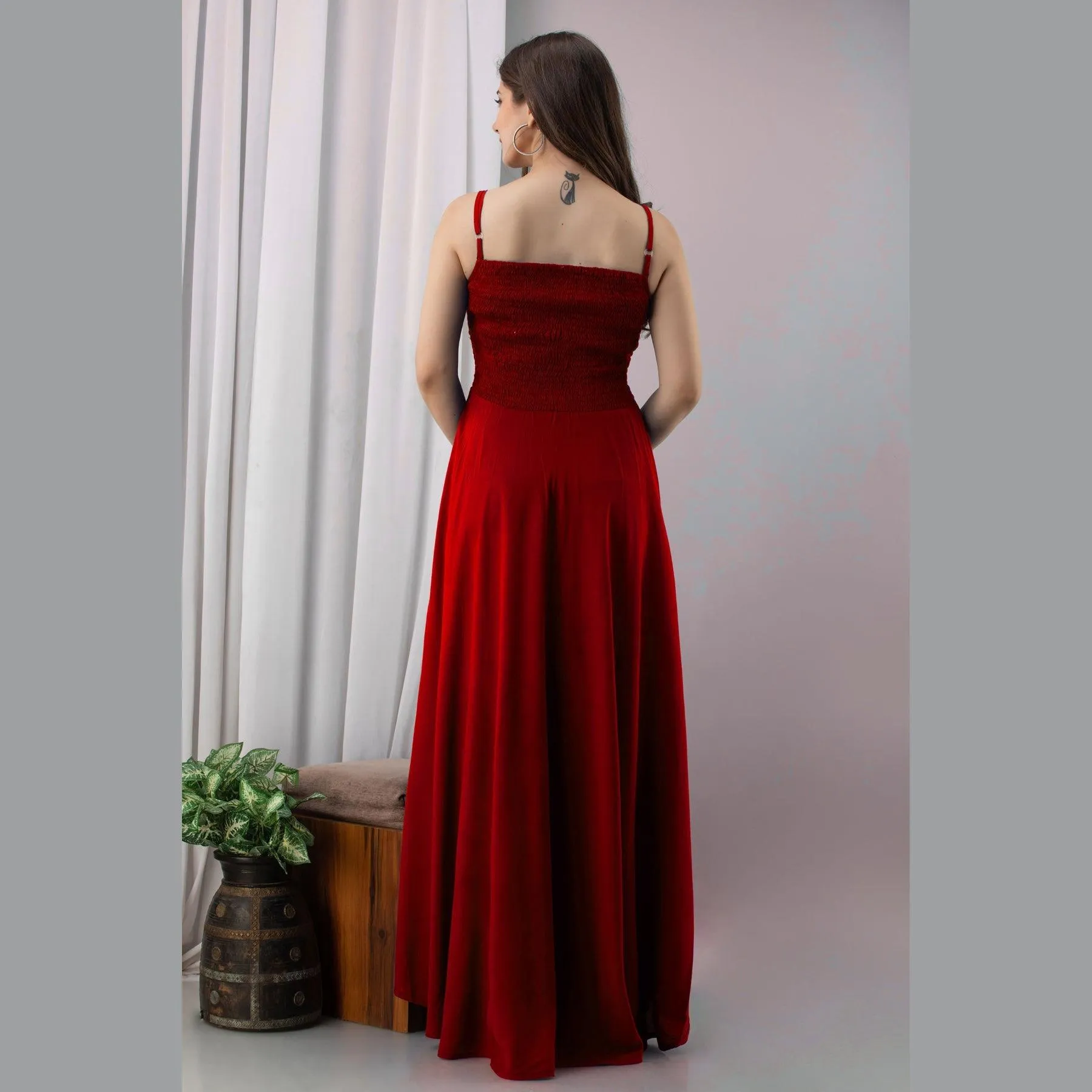 Red Shirred Gown Dress