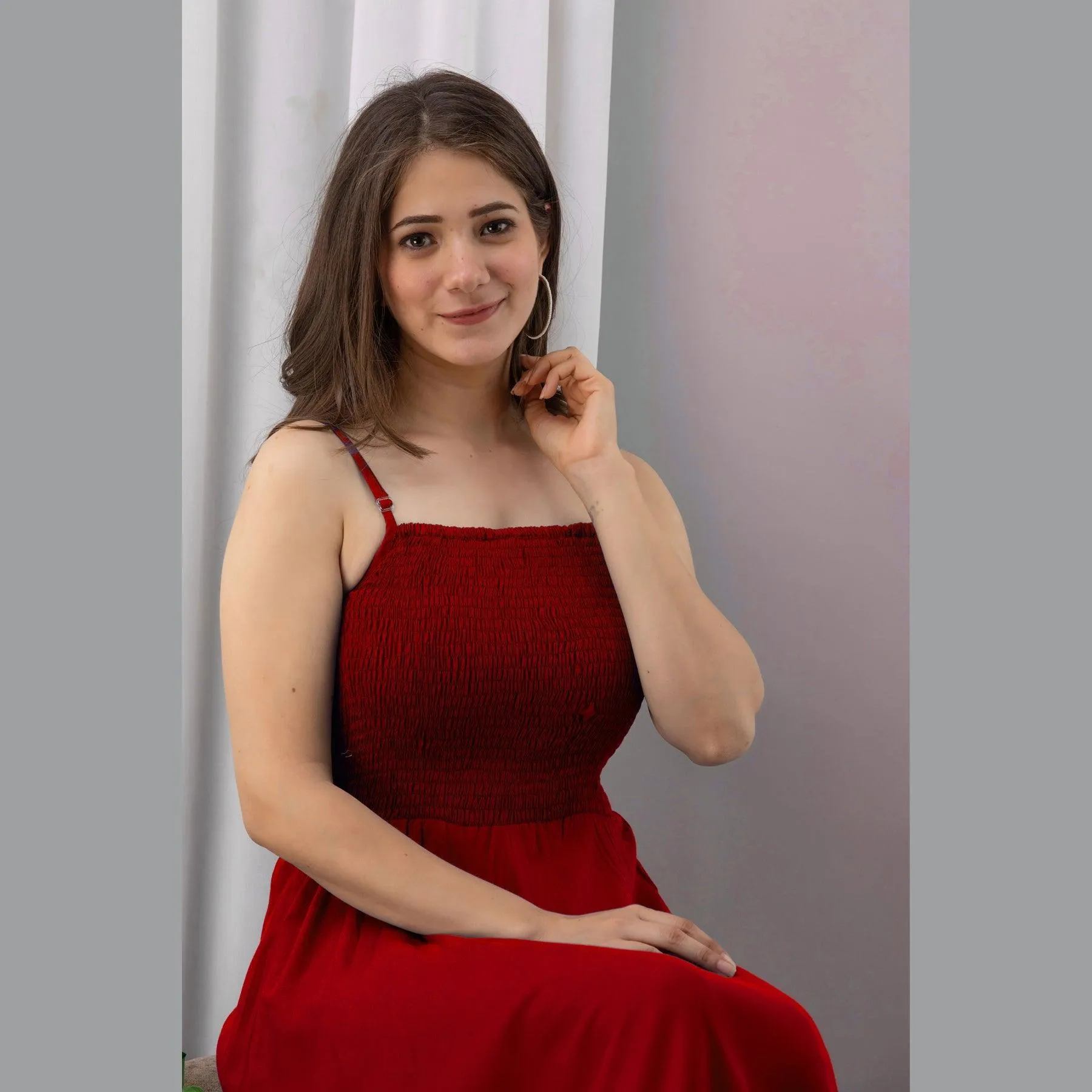 Red Shirred Gown Dress