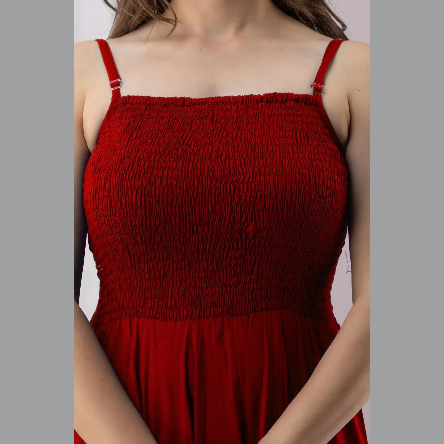 Red Shirred Gown Dress