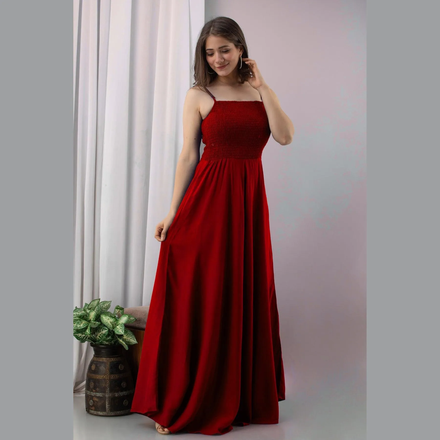 Red Shirred Gown Dress
