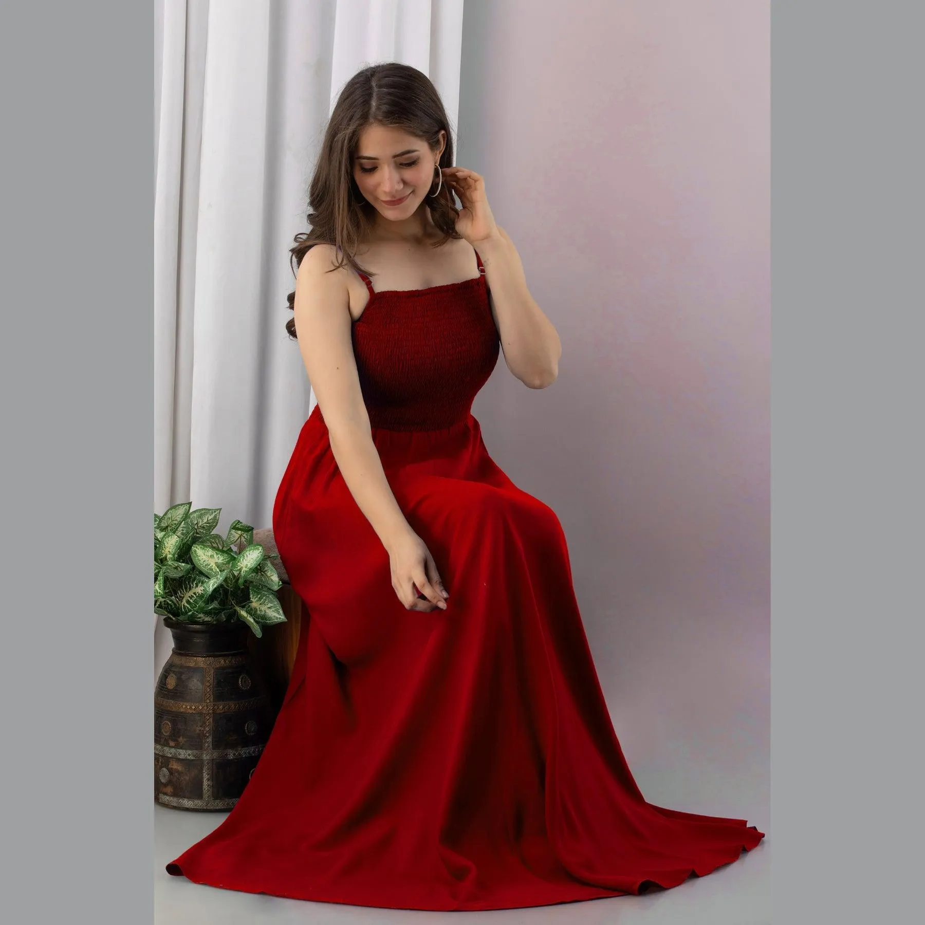 Red Shirred Gown Dress