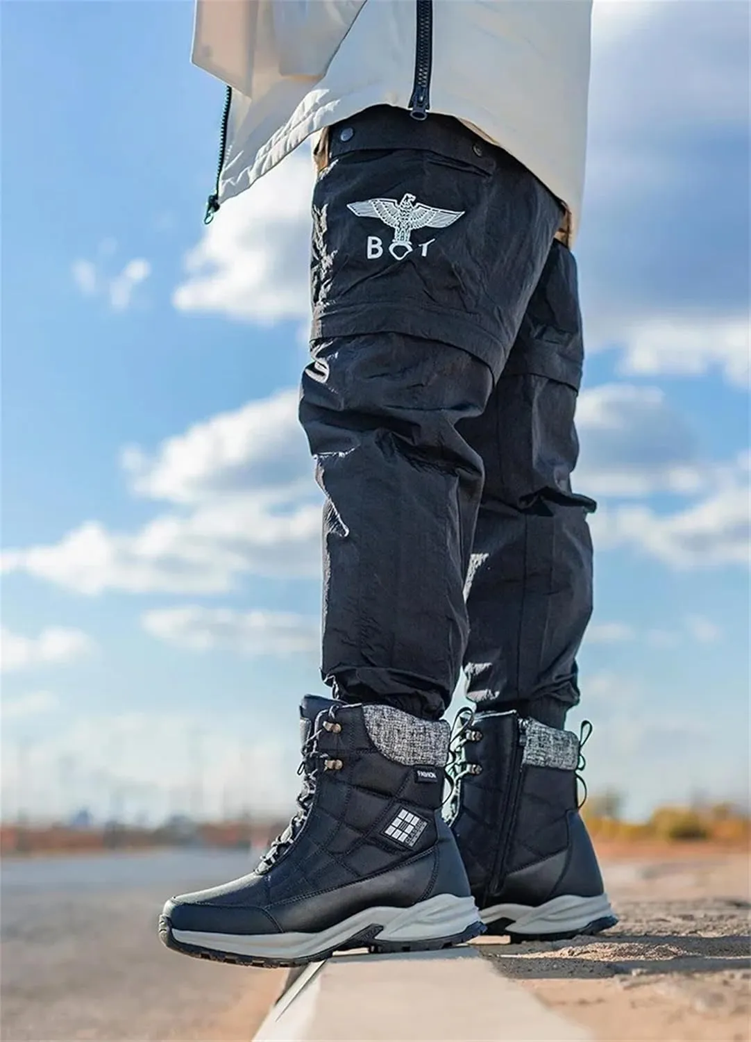 SANANG Men Thickened Warm Boots Non-Slip Waterproof Snow Boots Fuzzy Lace Up Cozy Boots Fleece Lining Shoes High-top Hiking Boots