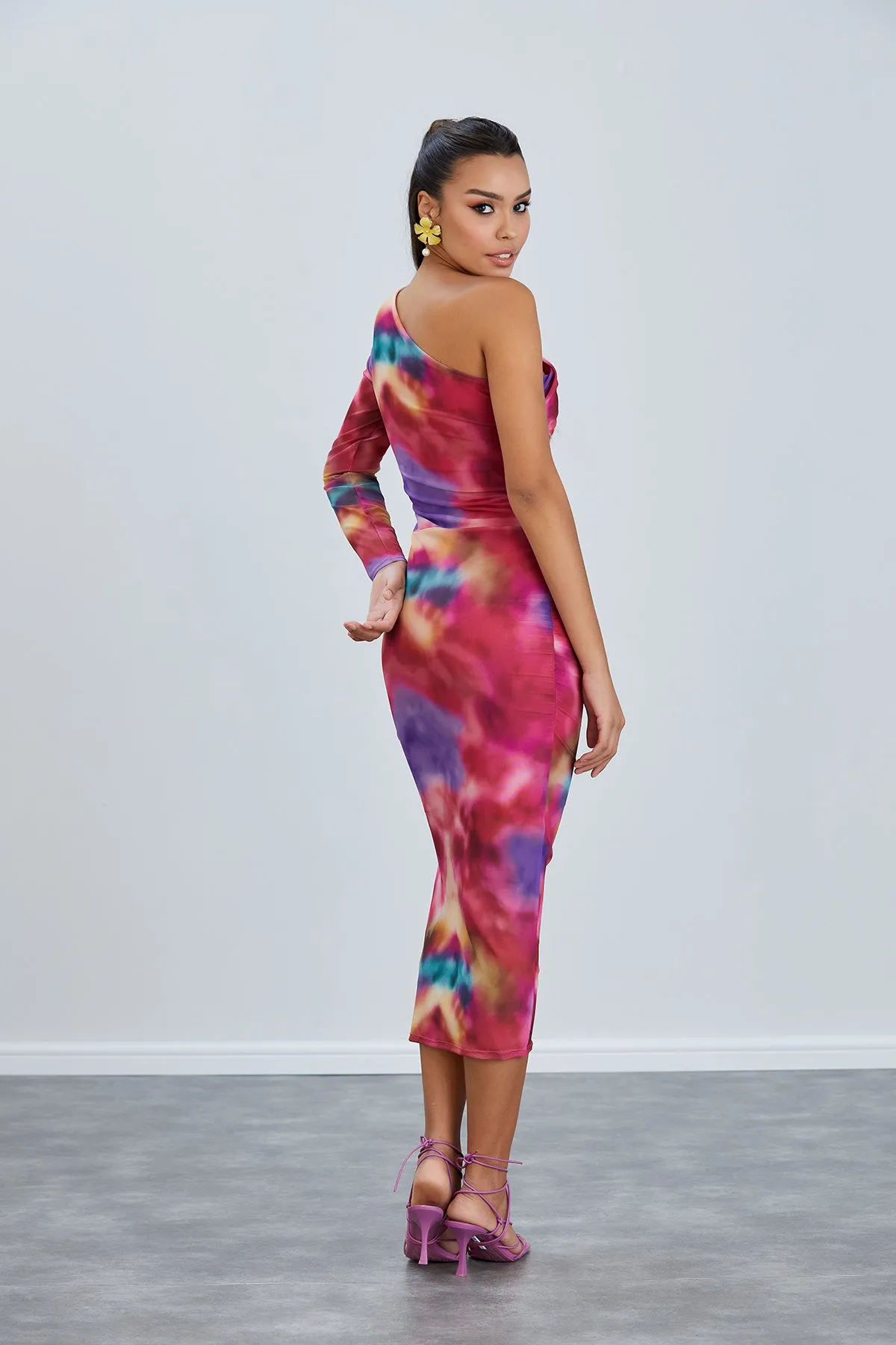 Sleek One-Shoulder Mesh Midi Dress in Radiant Pink