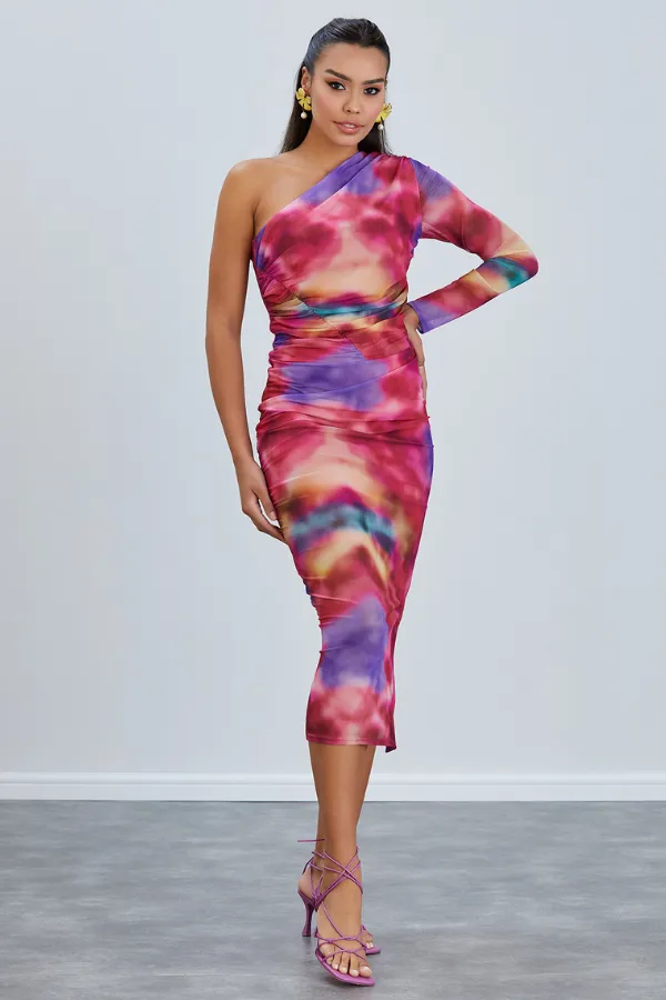 Sleek One-Shoulder Mesh Midi Dress in Radiant Pink