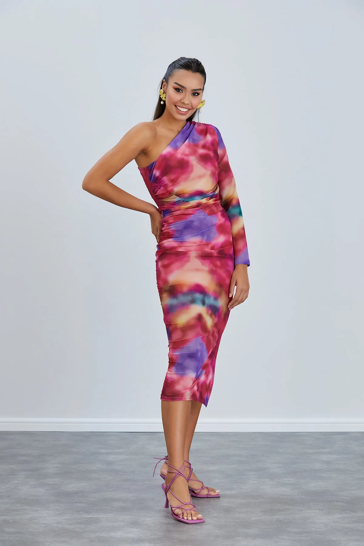 Sleek One-Shoulder Mesh Midi Dress in Radiant Pink
