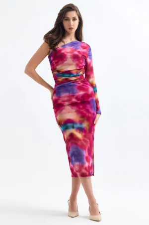 Sleek One-Shoulder Mesh Midi Dress in Radiant Pink