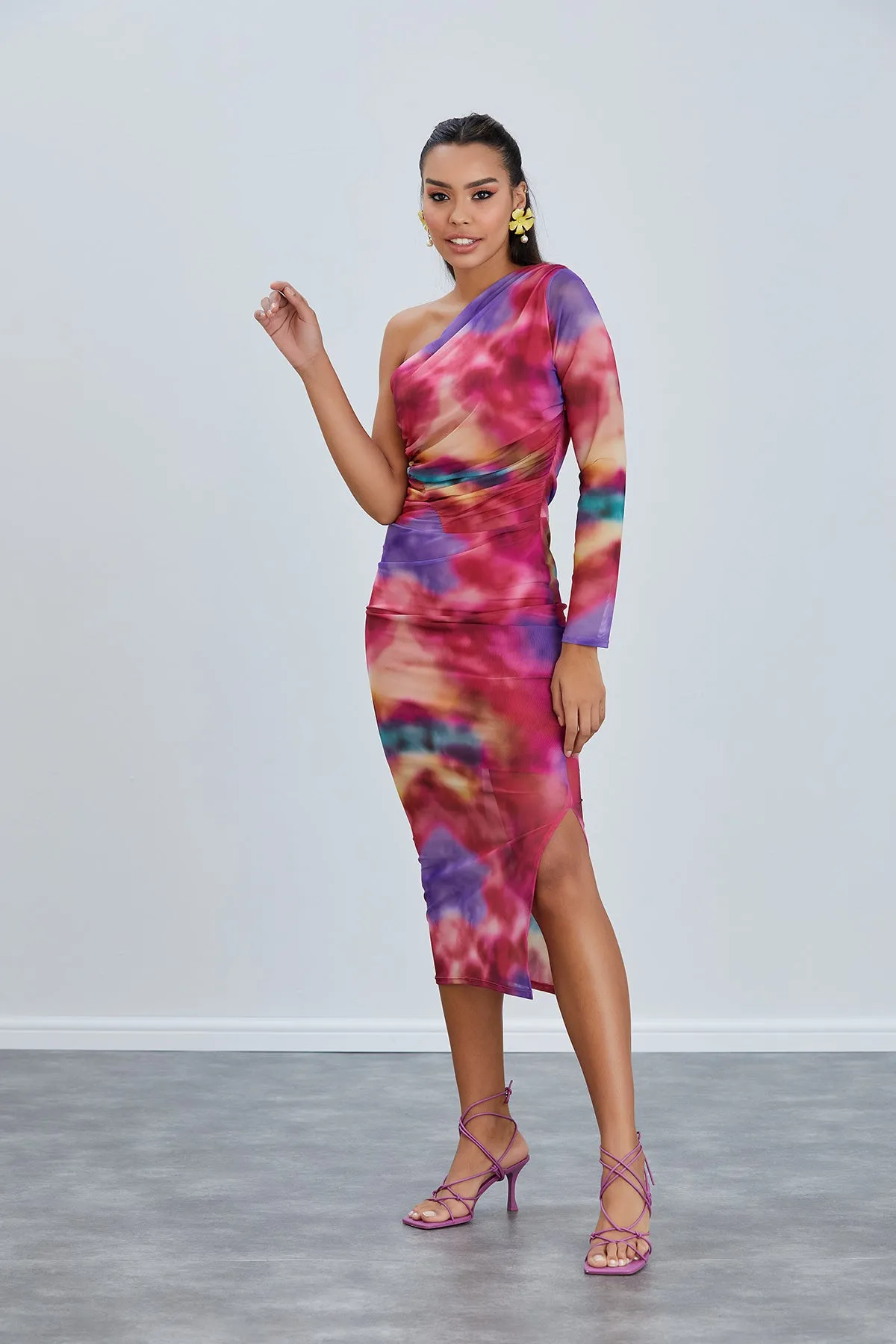 Sleek One-Shoulder Mesh Midi Dress in Radiant Pink