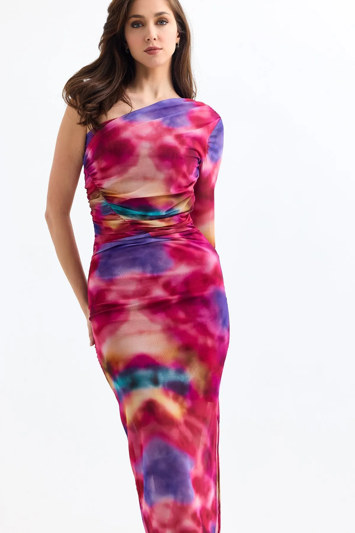 Sleek One-Shoulder Mesh Midi Dress in Radiant Pink