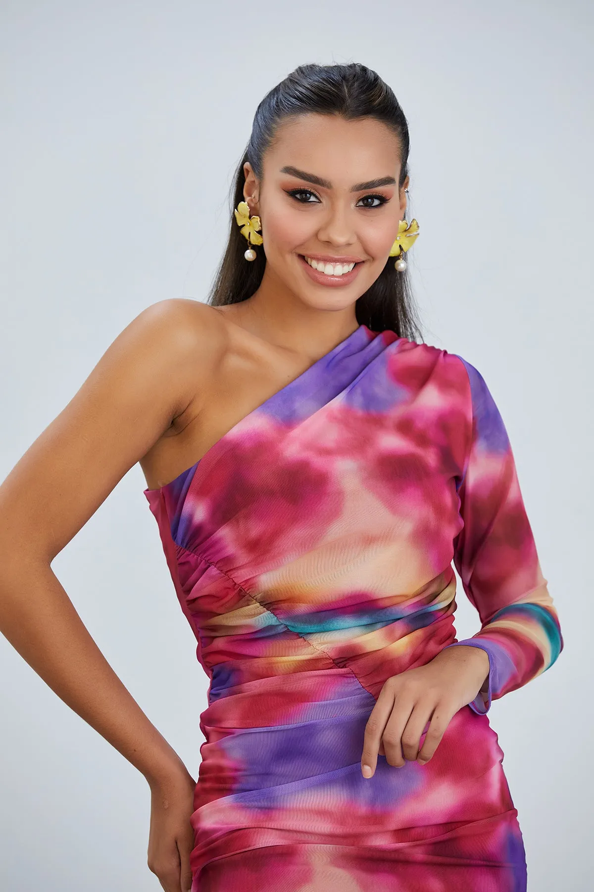 Sleek One-Shoulder Mesh Midi Dress in Radiant Pink