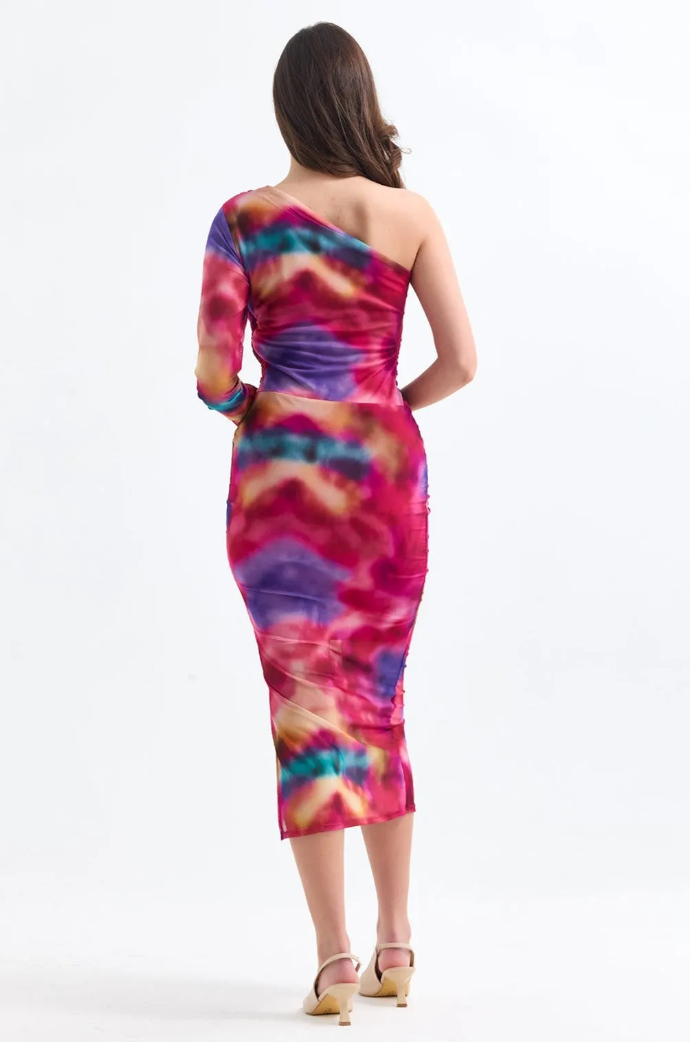 Sleek One-Shoulder Mesh Midi Dress in Radiant Pink