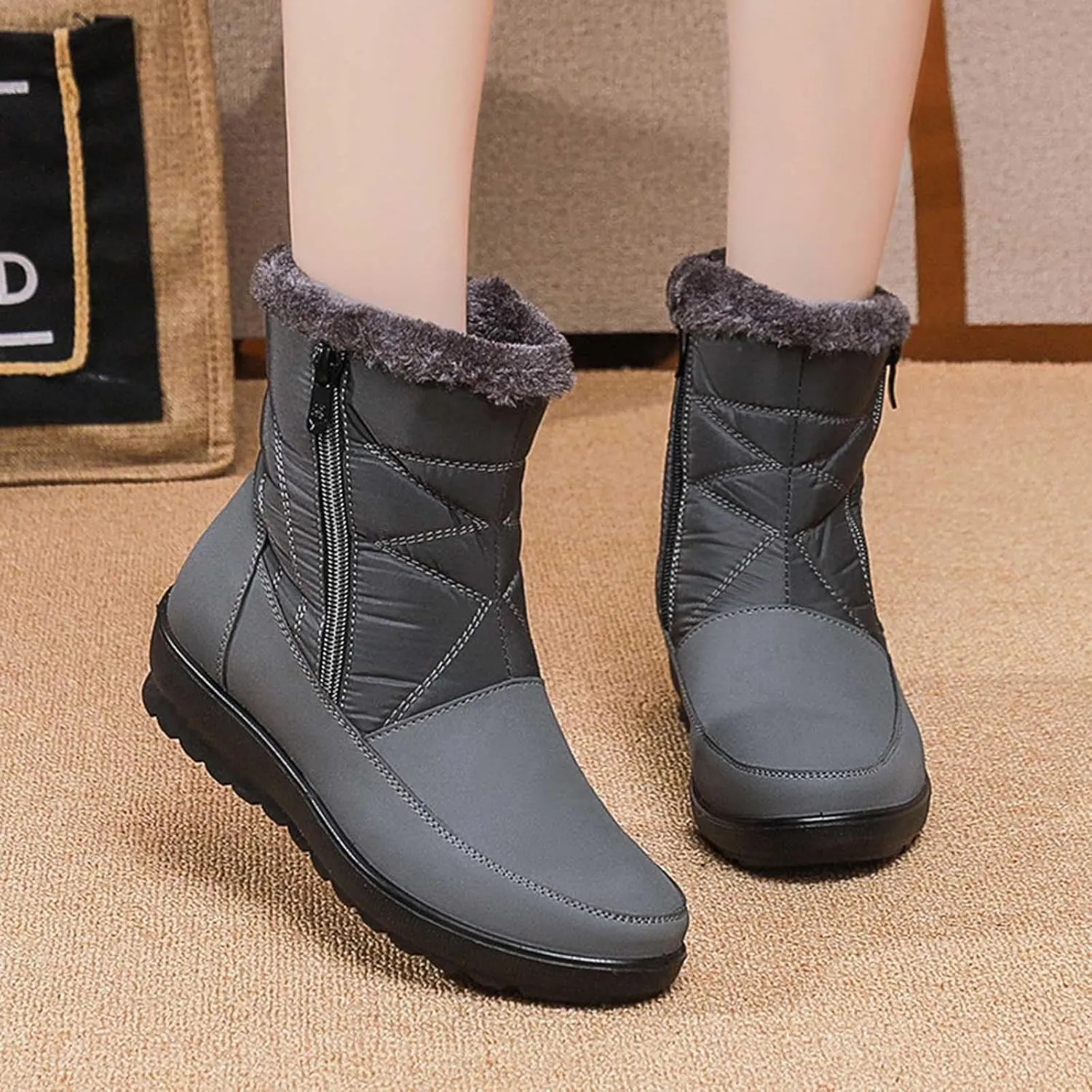 Snow Boots for Women Waterproof Hiking Boots Warm Ankle Shoes Cold Weather Furry Fluffy Short Snow Boot Womens Work Boots