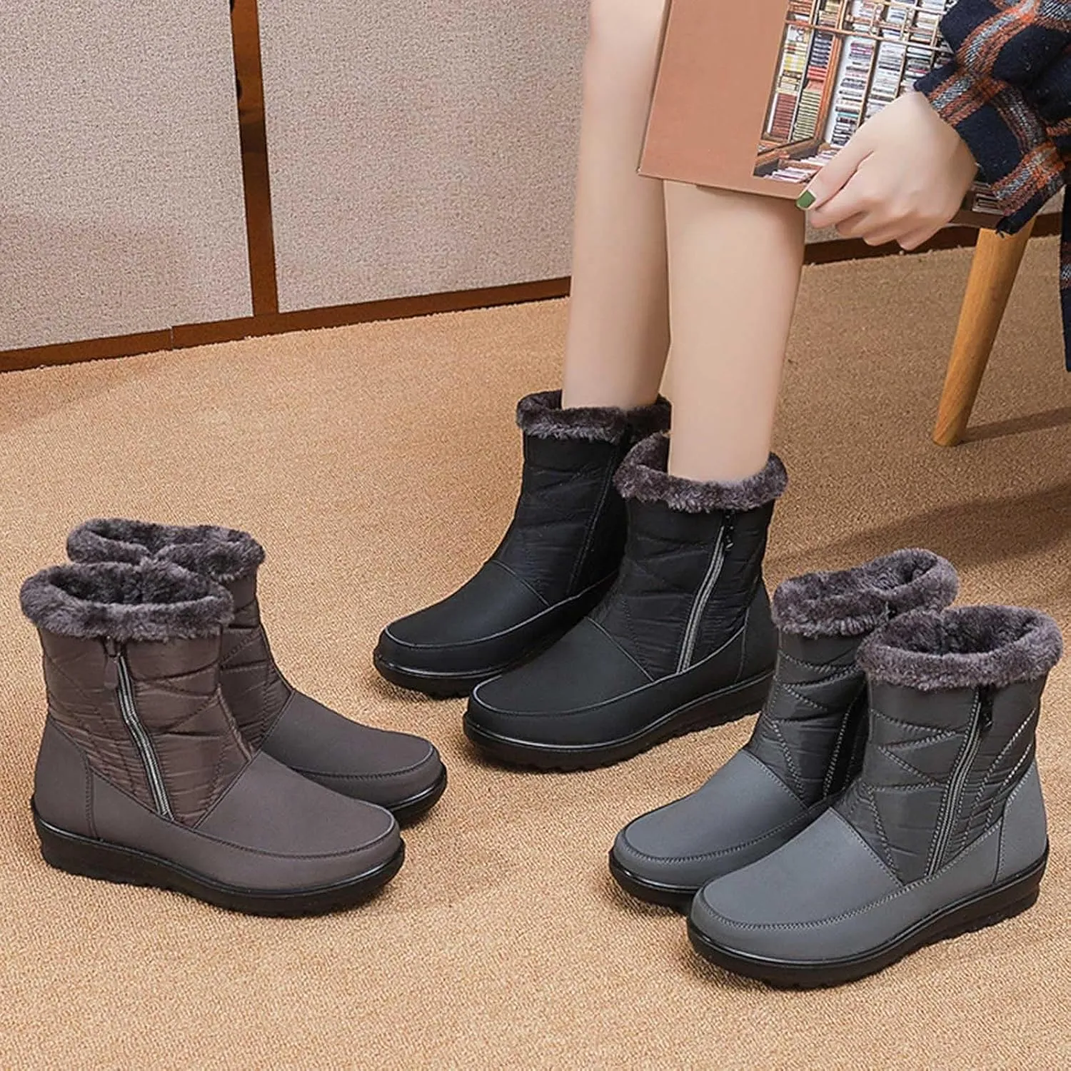 Snow Boots for Women Waterproof Hiking Boots Warm Ankle Shoes Cold Weather Furry Fluffy Short Snow Boot Womens Work Boots