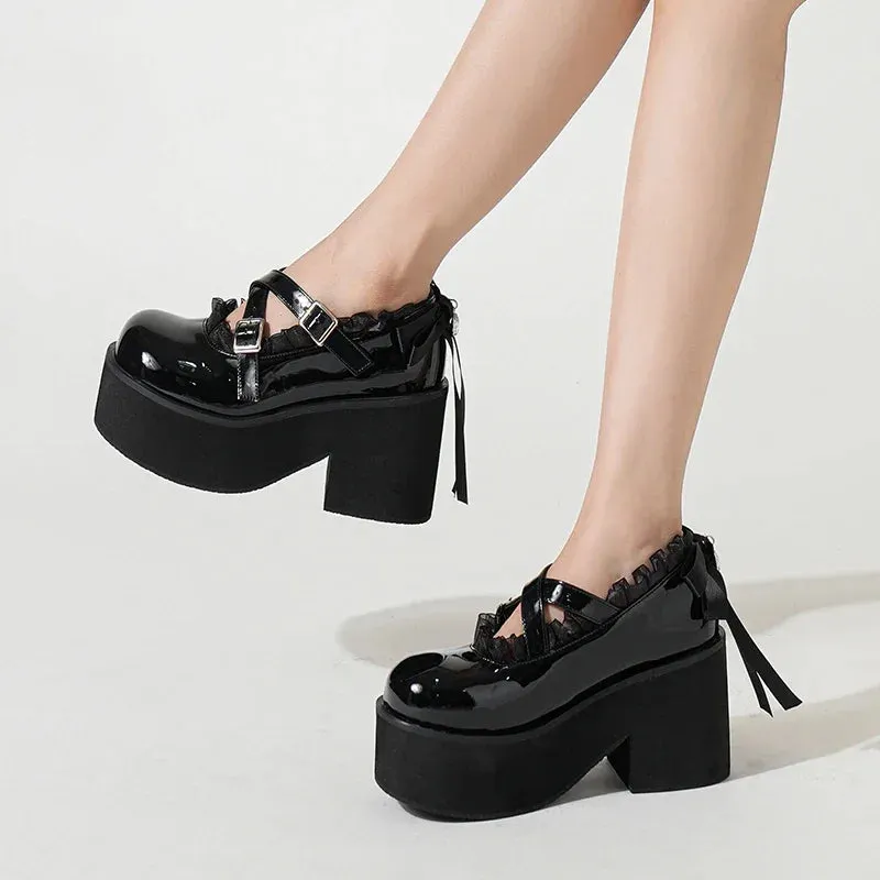 Sohiwoo 2024 Chunky Platform Patent Leather Lace Women Pumps Sandal Round Toe Chunky High Heels Buckle Strap Loafers Shoes