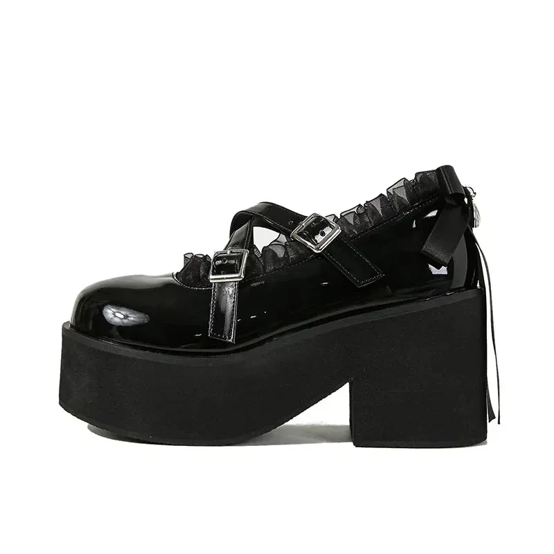 Sohiwoo 2024 Chunky Platform Patent Leather Lace Women Pumps Sandal Round Toe Chunky High Heels Buckle Strap Loafers Shoes