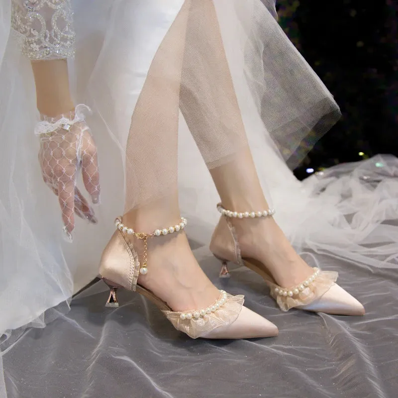 Sohiwoo New String Bead Ankle Strap Pumps Women Elegnat Lace Thin Heels Wedding Shoes Woman Comfort Med Heels Pearl Bridal Shoes