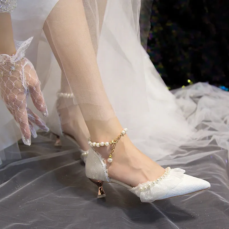 Sohiwoo New String Bead Ankle Strap Pumps Women Elegnat Lace Thin Heels Wedding Shoes Woman Comfort Med Heels Pearl Bridal Shoes