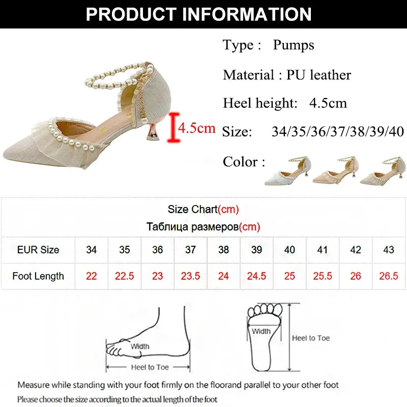 Sohiwoo New String Bead Ankle Strap Pumps Women Elegnat Lace Thin Heels Wedding Shoes Woman Comfort Med Heels Pearl Bridal Shoes