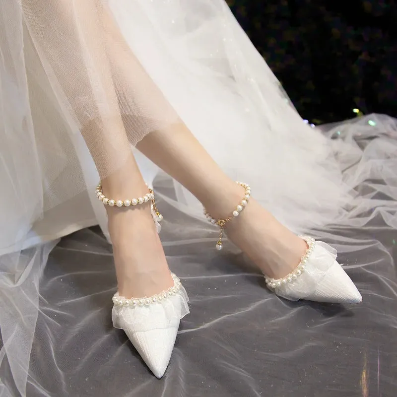 Sohiwoo New String Bead Ankle Strap Pumps Women Elegnat Lace Thin Heels Wedding Shoes Woman Comfort Med Heels Pearl Bridal Shoes