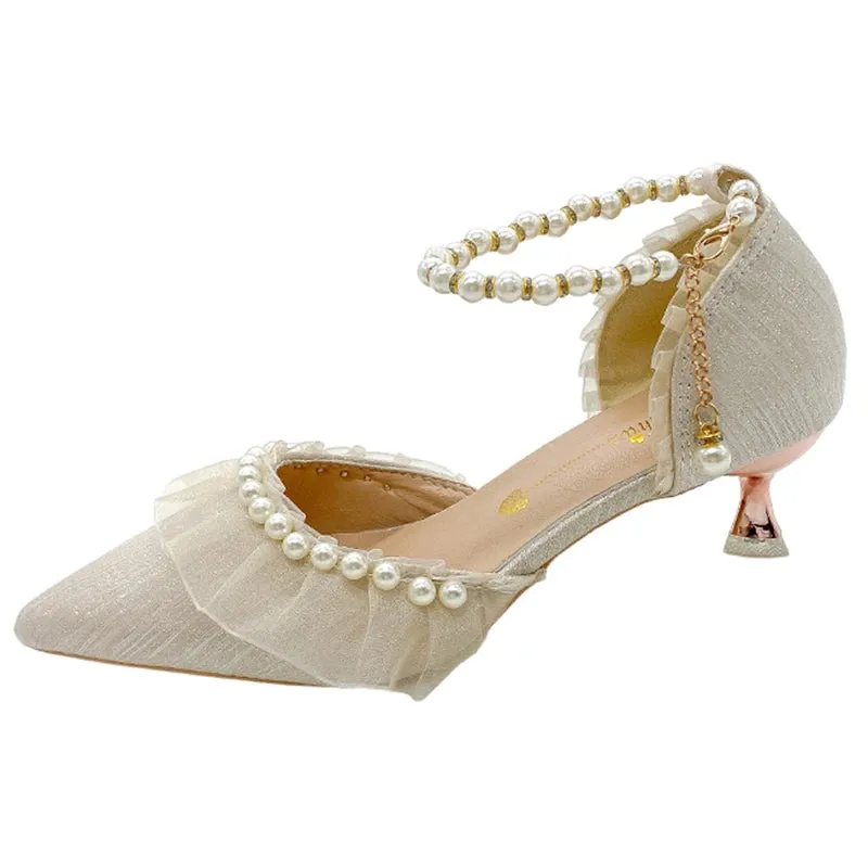 Sohiwoo New String Bead Ankle Strap Pumps Women Elegnat Lace Thin Heels Wedding Shoes Woman Comfort Med Heels Pearl Bridal Shoes