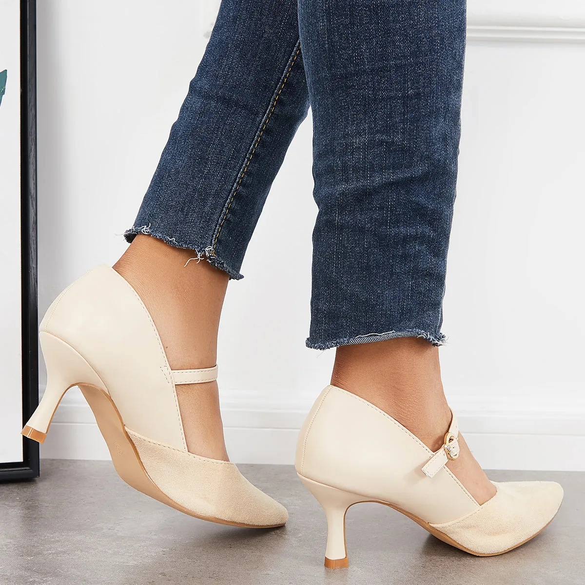 Sohiwoo woman formal Pointed Toe Low Kitten Heels Pumps Ankle Strap Dress Shoes