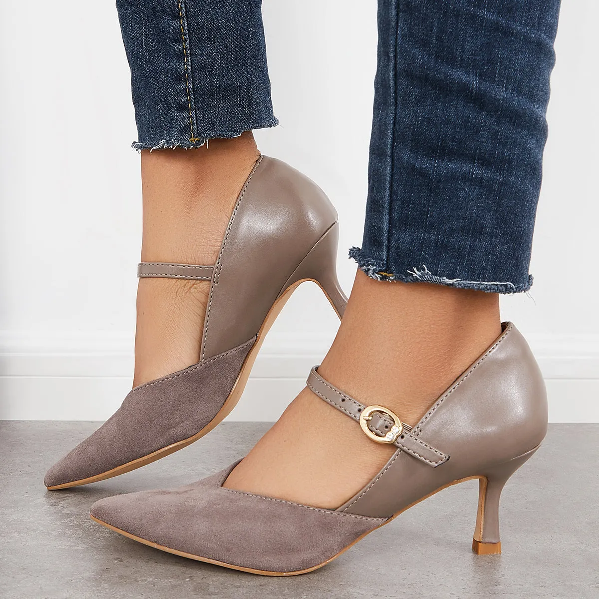 Sohiwoo woman formal Pointed Toe Low Kitten Heels Pumps Ankle Strap Dress Shoes