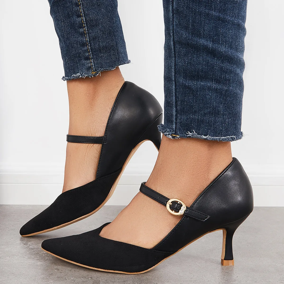 Sohiwoo woman formal Pointed Toe Low Kitten Heels Pumps Ankle Strap Dress Shoes