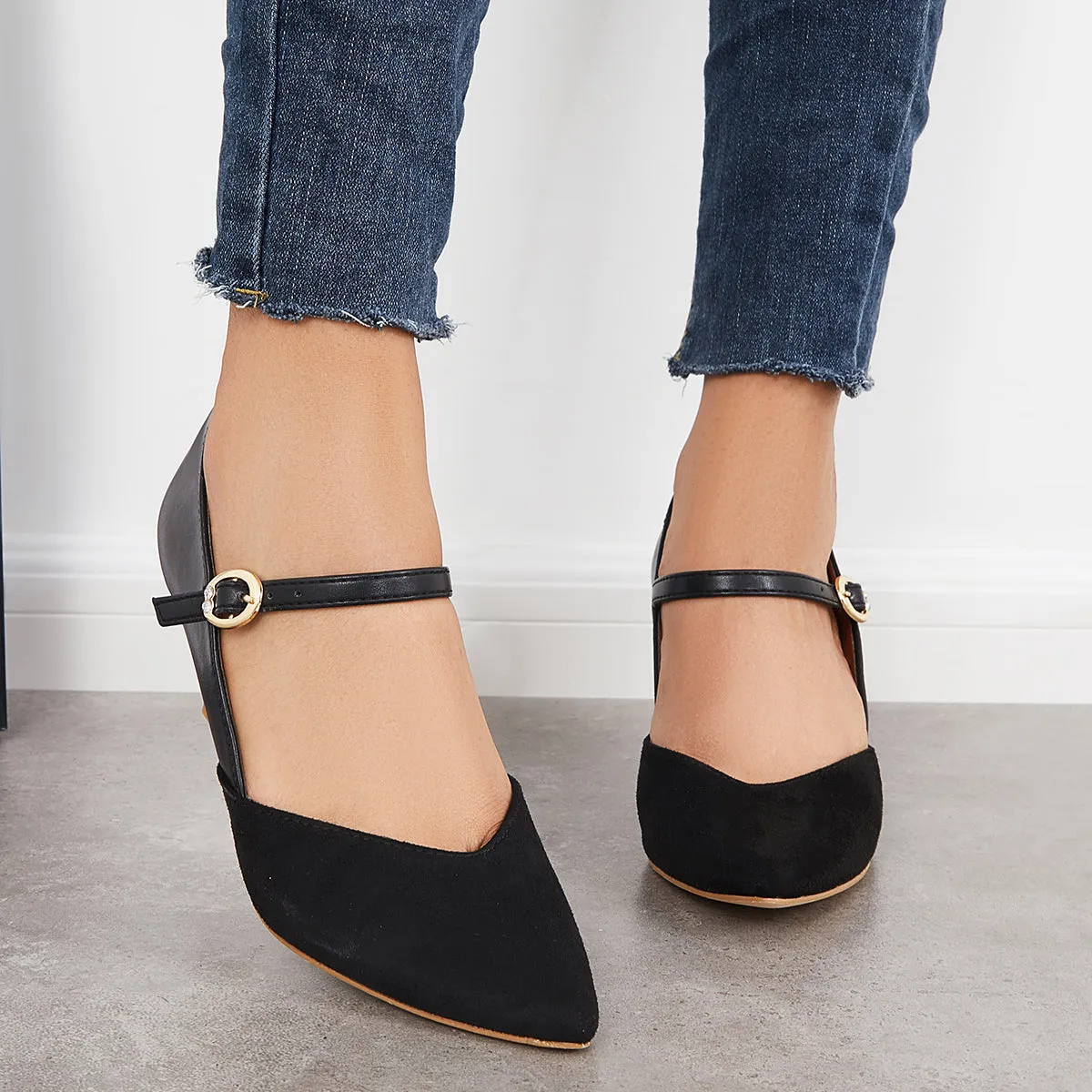 Sohiwoo woman formal Pointed Toe Low Kitten Heels Pumps Ankle Strap Dress Shoes