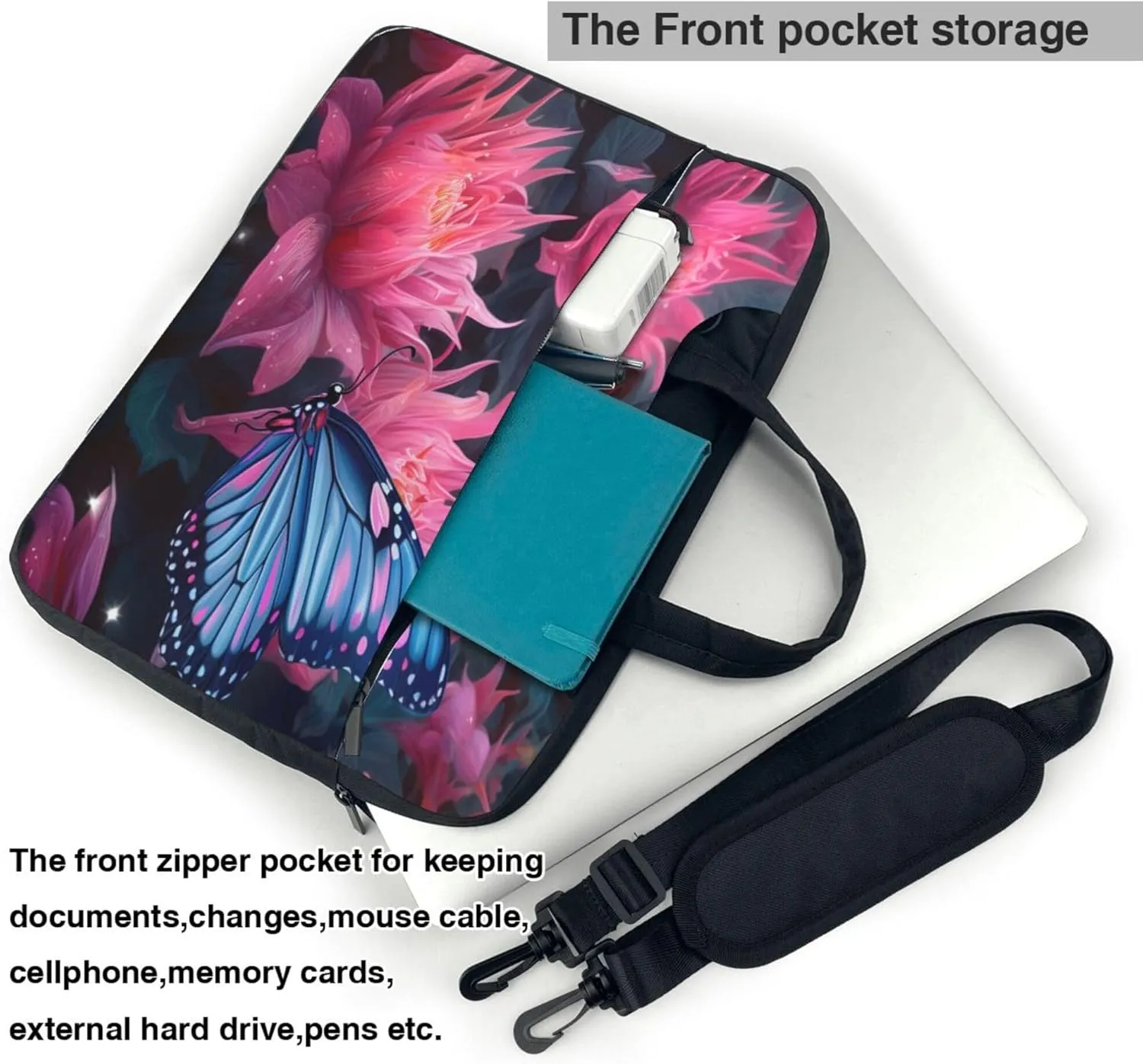Spring Butterfly Flower Laptop Shoulder Bag for Women, Laptop Sleeve Case Durable Computer Bag