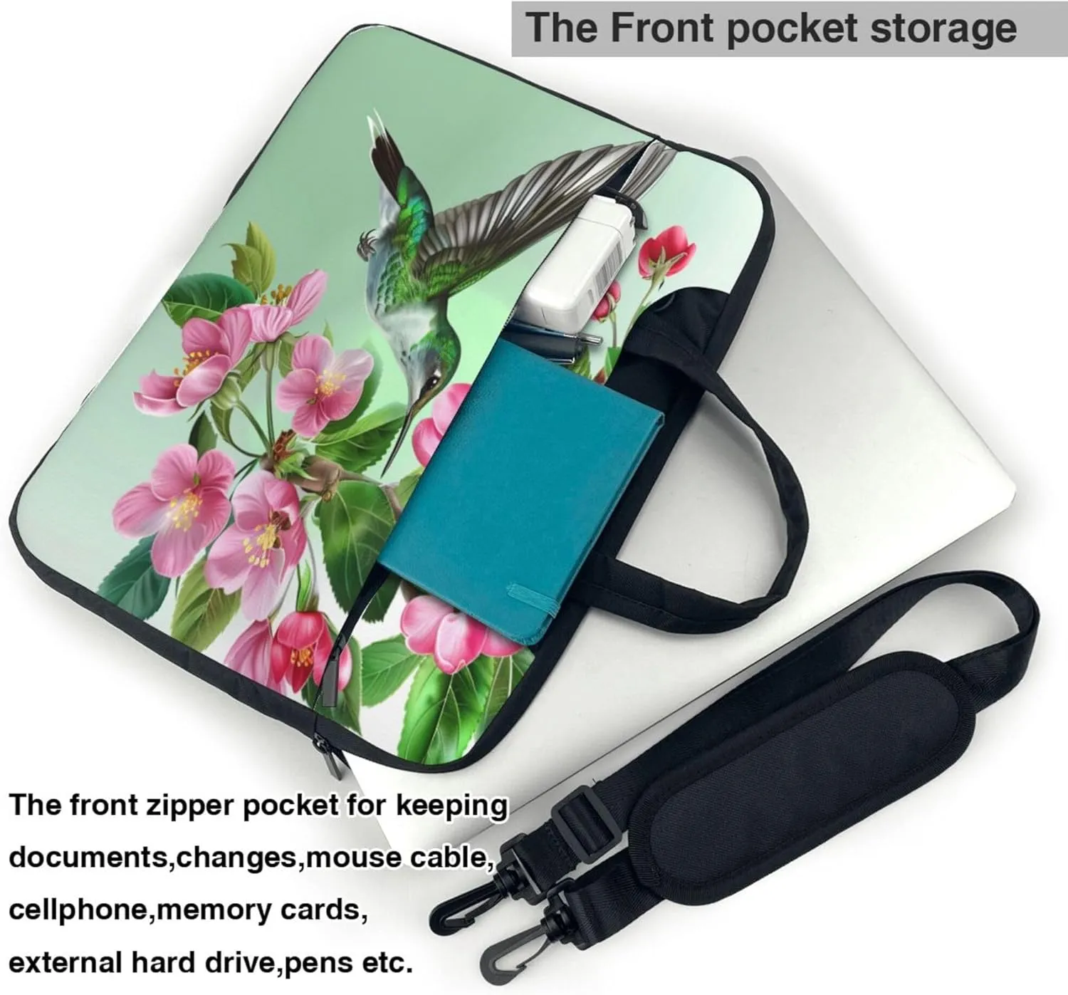 Spring Flower Hummingbird Laptop Shoulder Bag for Women, Bird Floral Laptop Sleeve Case Durable Computer Bag