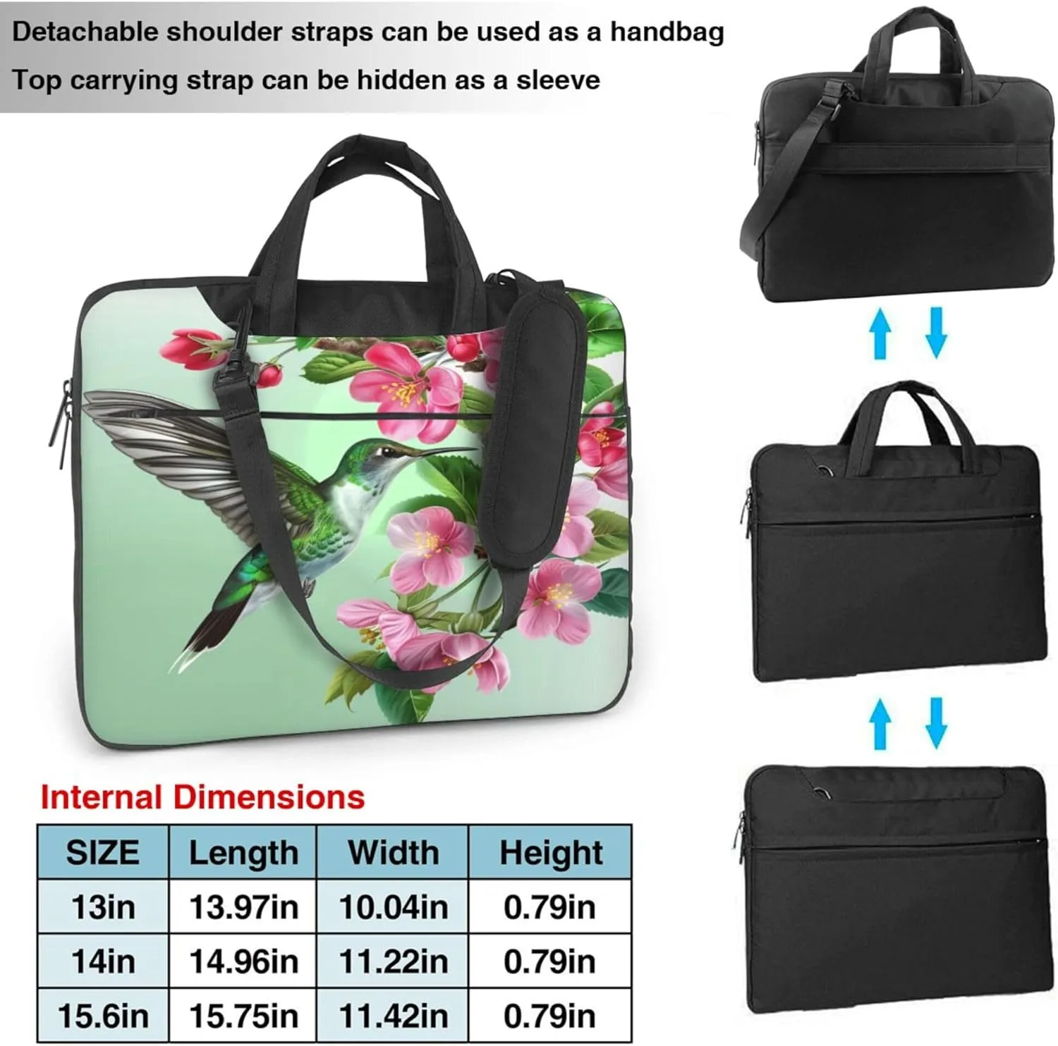 Spring Flower Hummingbird Laptop Shoulder Bag for Women, Bird Floral Laptop Sleeve Case Durable Computer Bag