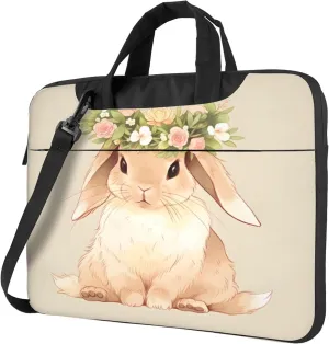 Spring Rabbit Flower Laptop Shoulder Bag for Women, Animal Painted Laptop Sleeve Case Durable Computer Bag