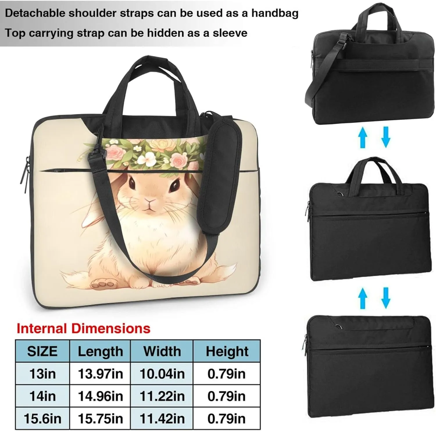 Spring Rabbit Flower Laptop Shoulder Bag for Women, Animal Painted Laptop Sleeve Case Durable Computer Bag