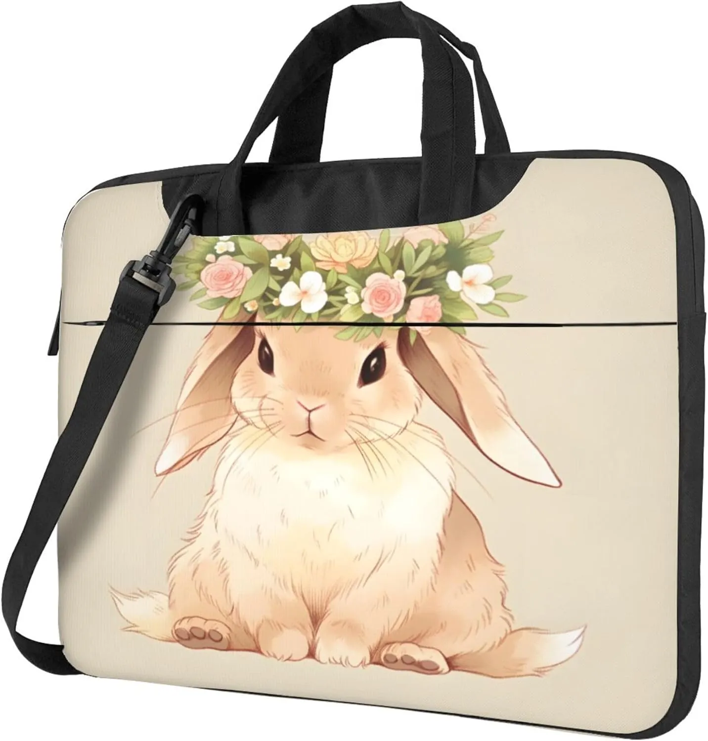 Spring Rabbit Flower Laptop Shoulder Bag for Women, Animal Painted Laptop Sleeve Case Durable Computer Bag